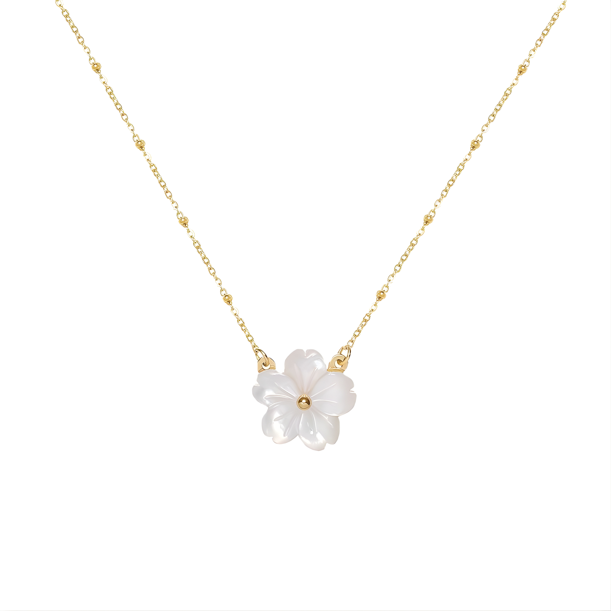 White Flower Charm, Satellite Cable Chain 18k Gold Plating