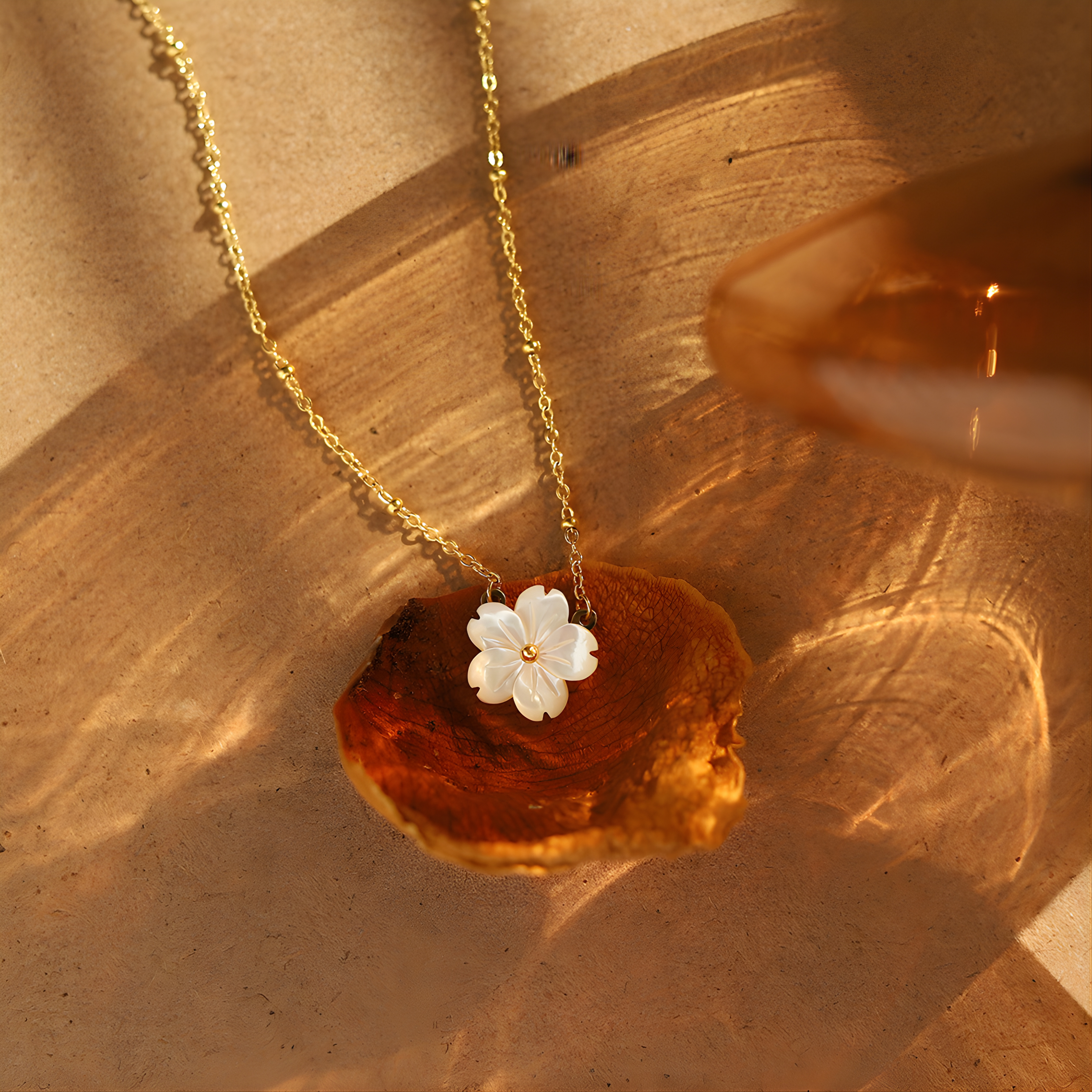 White Flower Charm, Satellite Cable Chain 18k Gold Plating