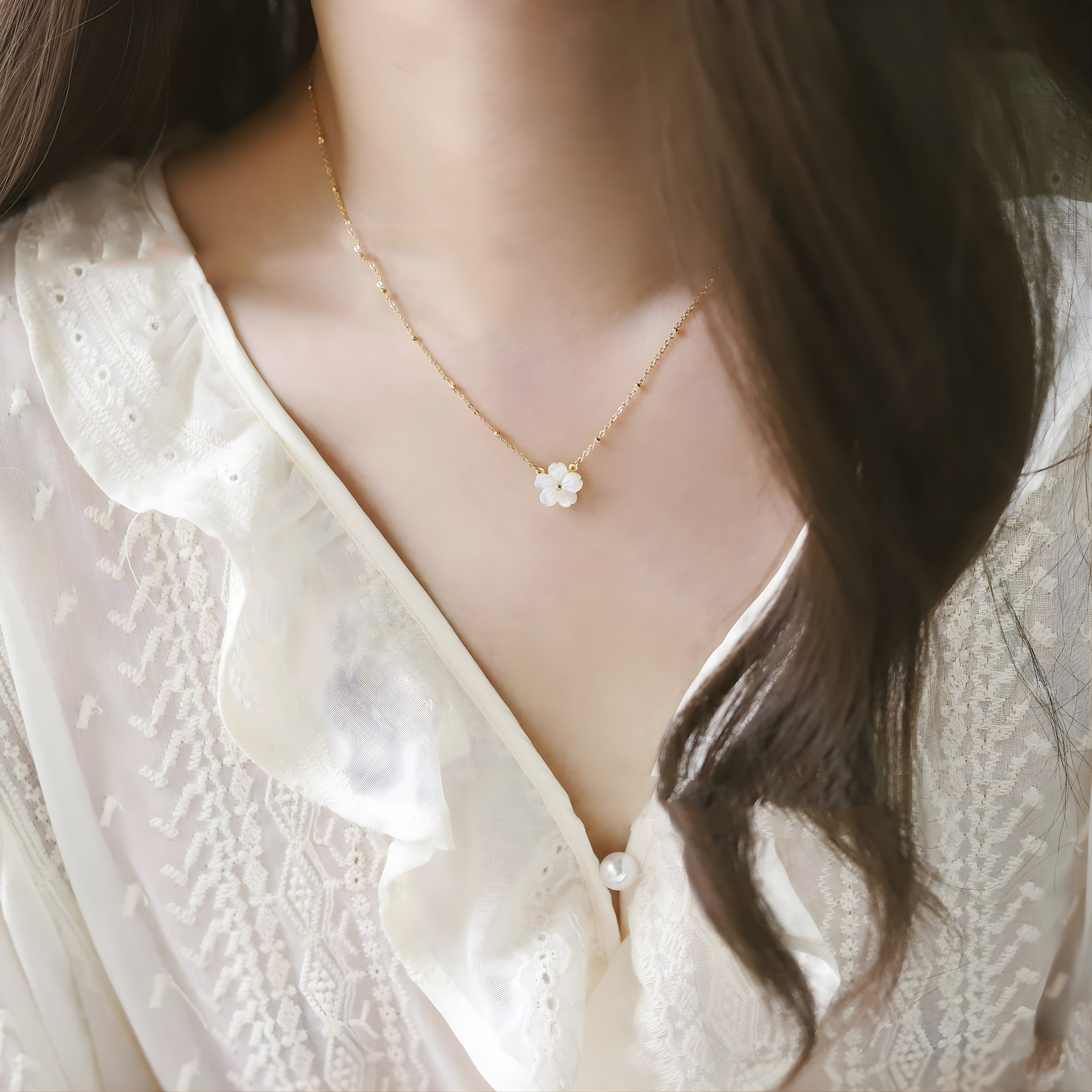 White Flower Charm, Satellite Cable Chain 18k Gold Plating