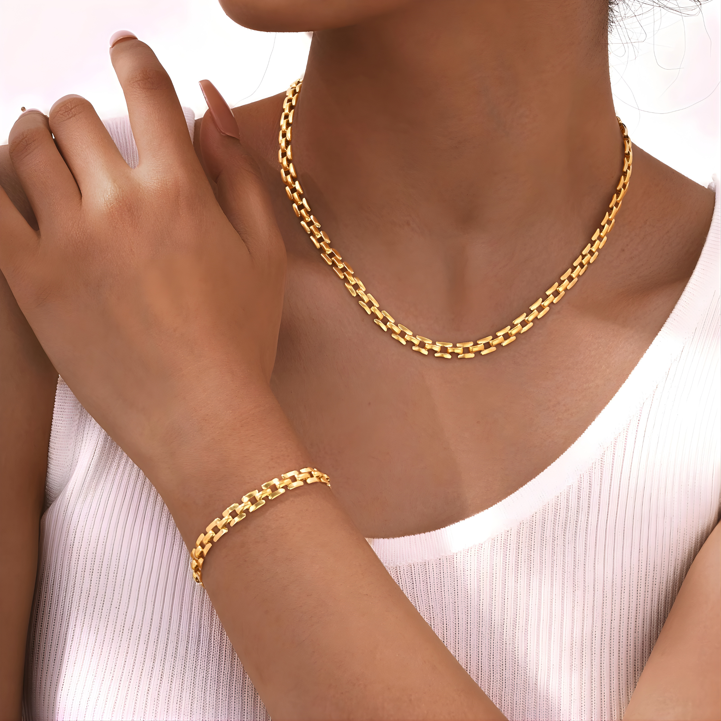 1 Piece Tile Link Necklace + 1 Piece Tile Link Bracelet - 18K Gold Plated
