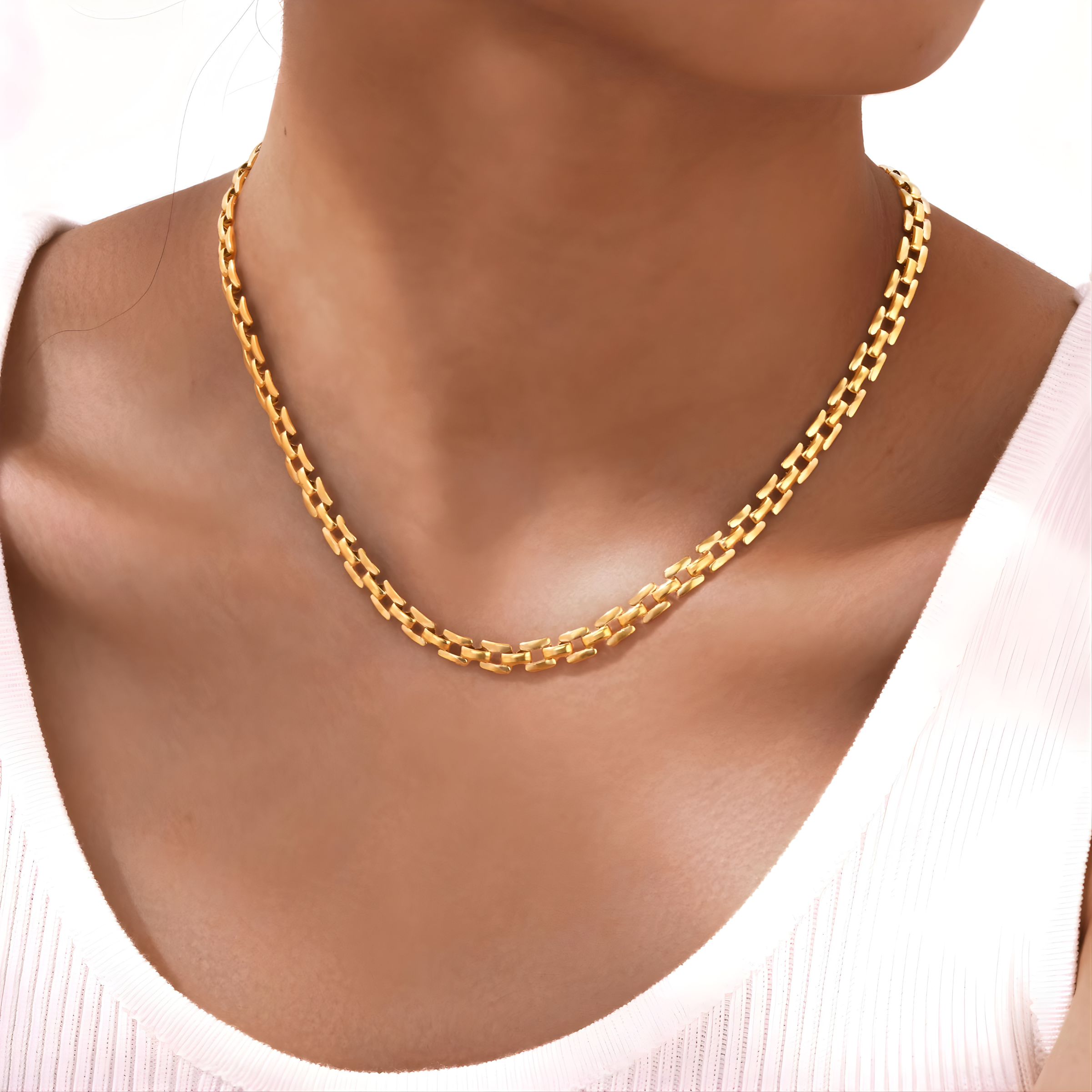 1 Piece Tile Link Necklace + 1 Piece Tile Link Bracelet - 18K Gold Plated