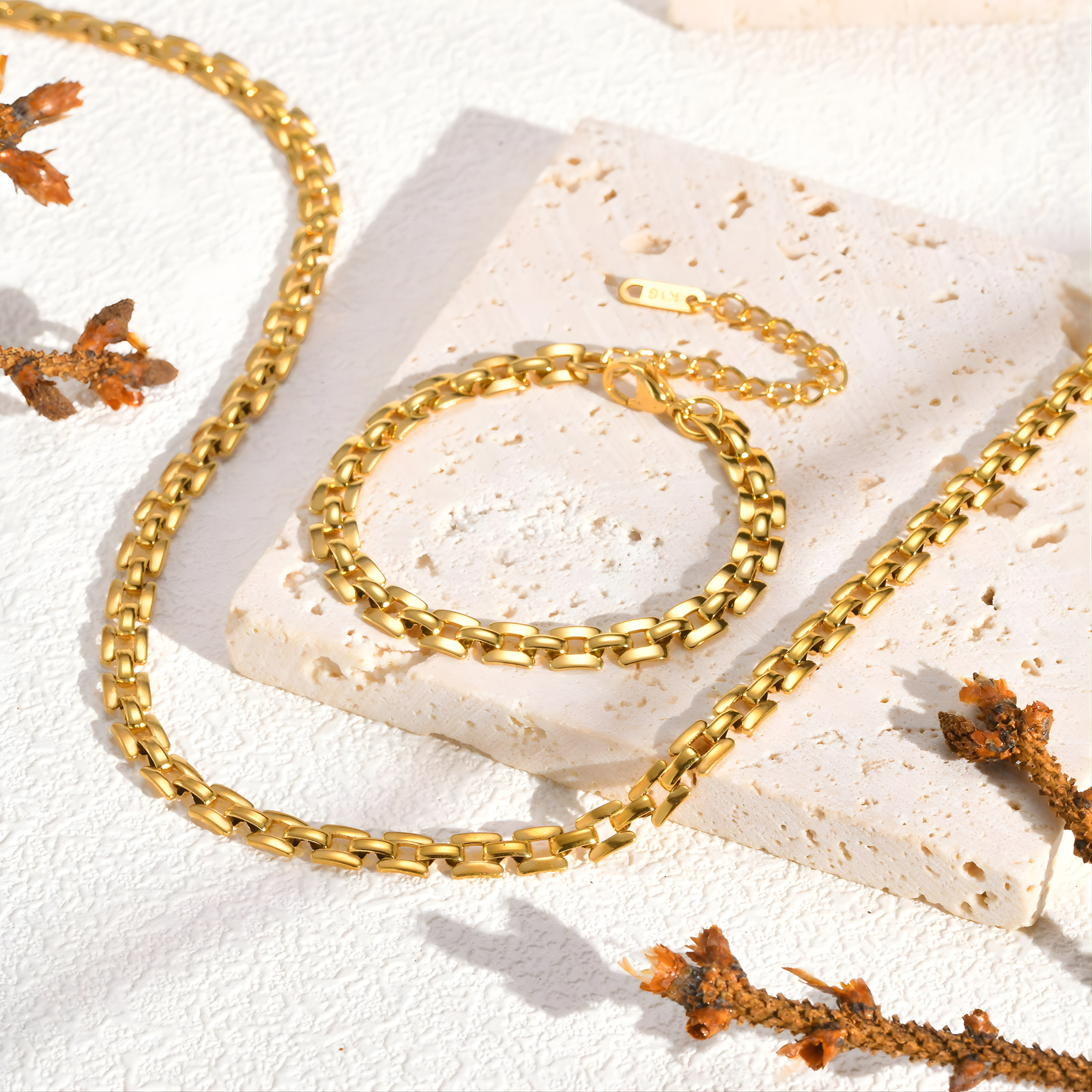 1 Piece Tile Link Necklace + 1 Piece Tile Link Bracelet - 18K Gold Plated