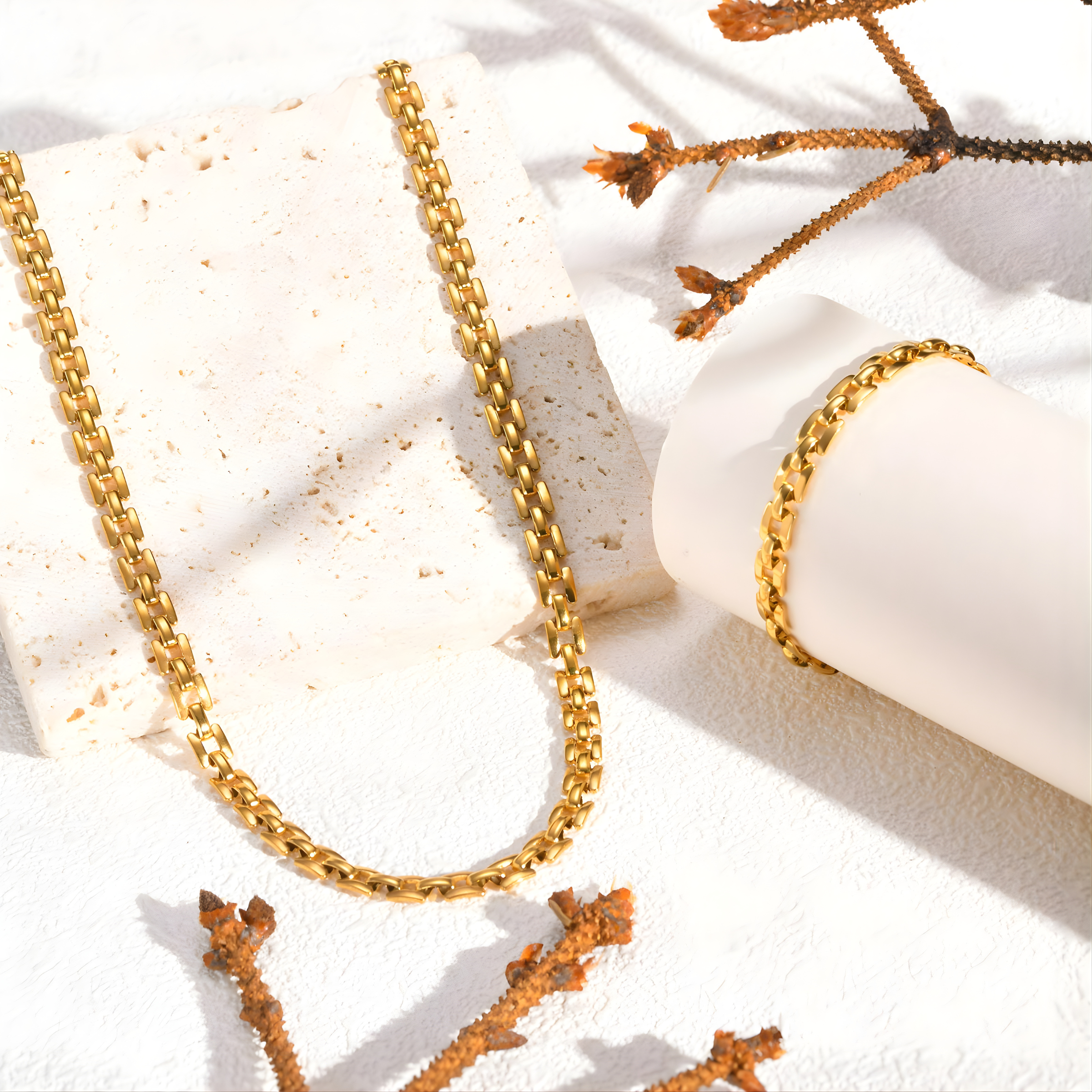 1 Piece Tile Link Necklace + 1 Piece Tile Link Bracelet - 18K Gold Plated