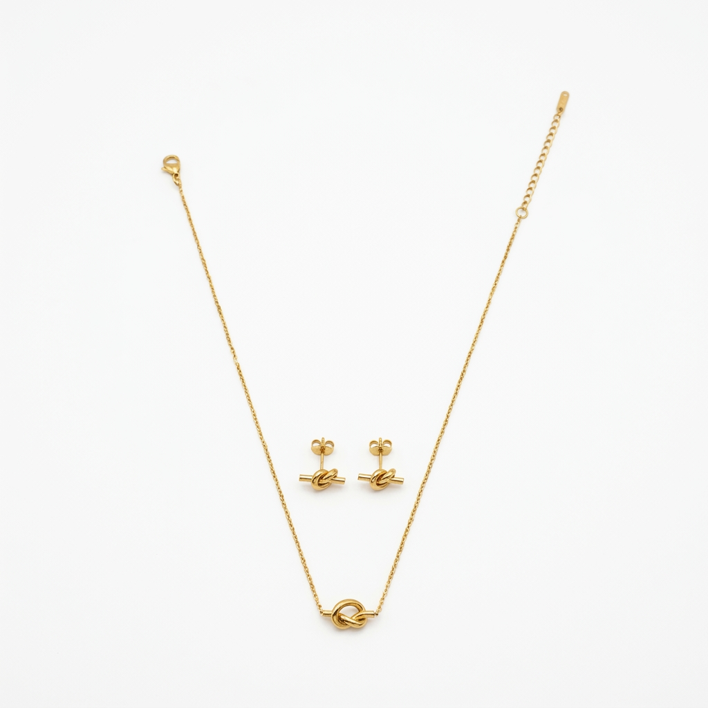 Petite Knot Theme Necklace + Earrings Set - 18K Gold Plated