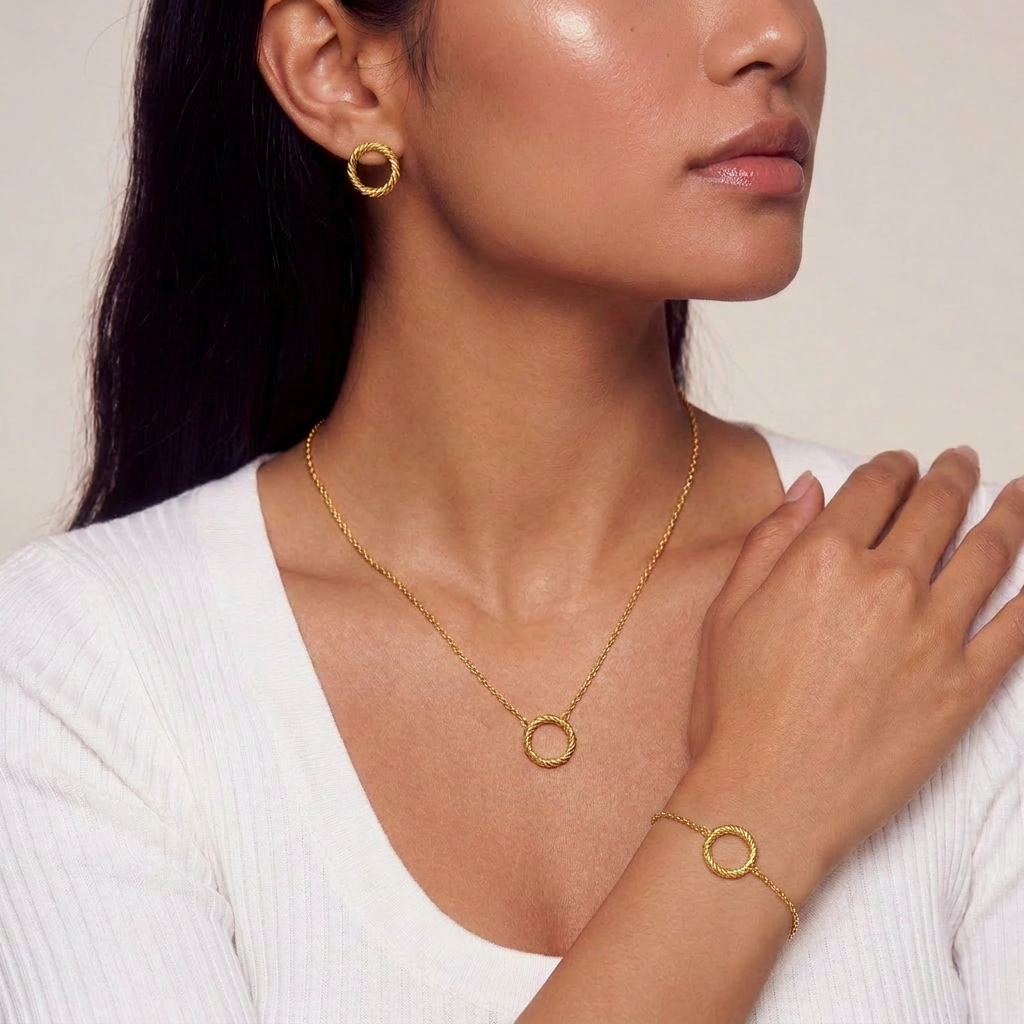 Halo Theme Necklace + Bracelet + Earrings Set - 18K Gold Plated