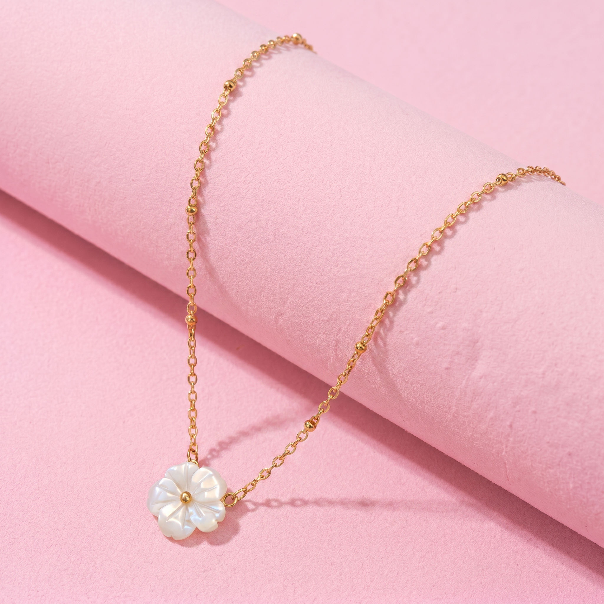 White Flower Charm, Satellite Cable Chain - 18k Gold Plated