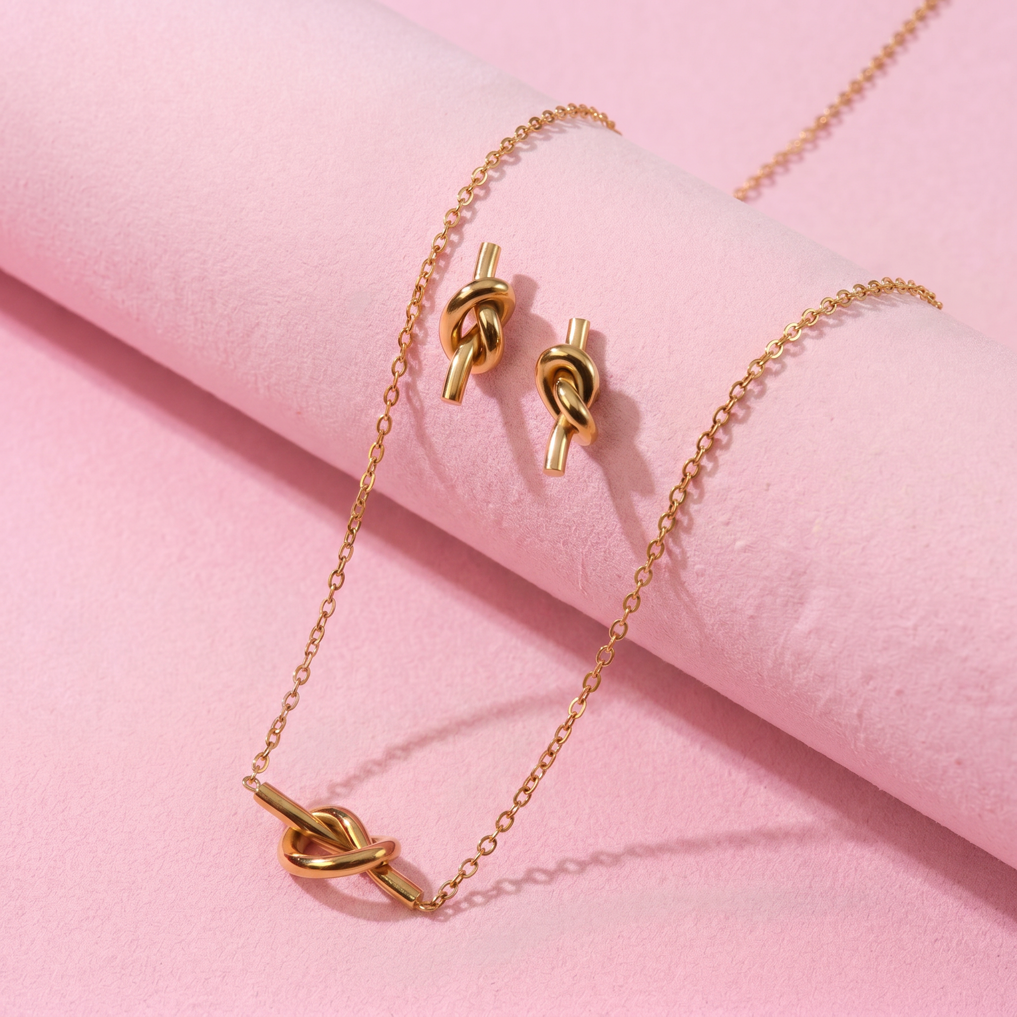 Petite Knot Theme Necklace + Earrings Set - 18K Gold Plated